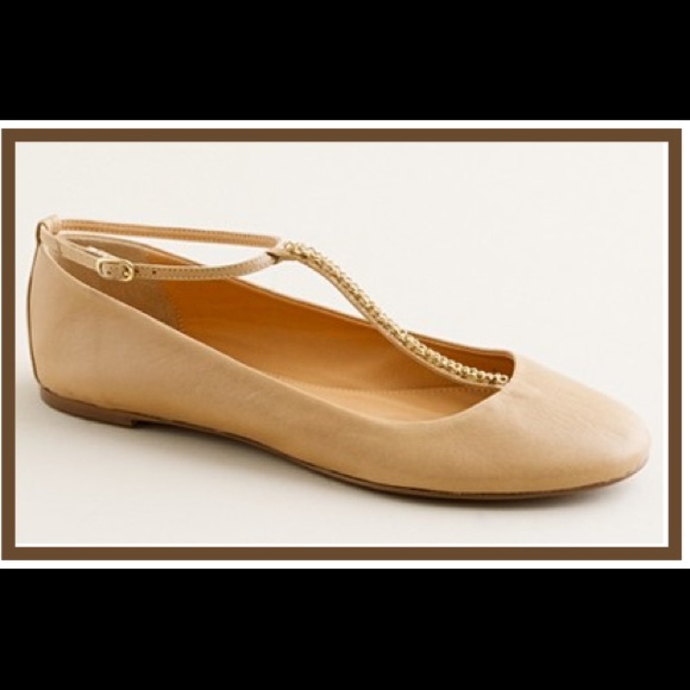 J.Crew Jayne T Strap Gold Chain Ballet Flats Sz 9